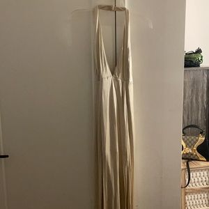 Beige Silk Halter Maxi Gown with Slits Forever21